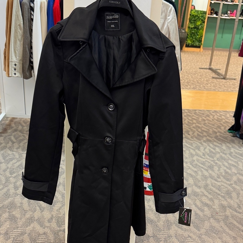 Neon Sweets Black Hooded Trench Coat XXL 2X Belted Long Jacket Pockets
